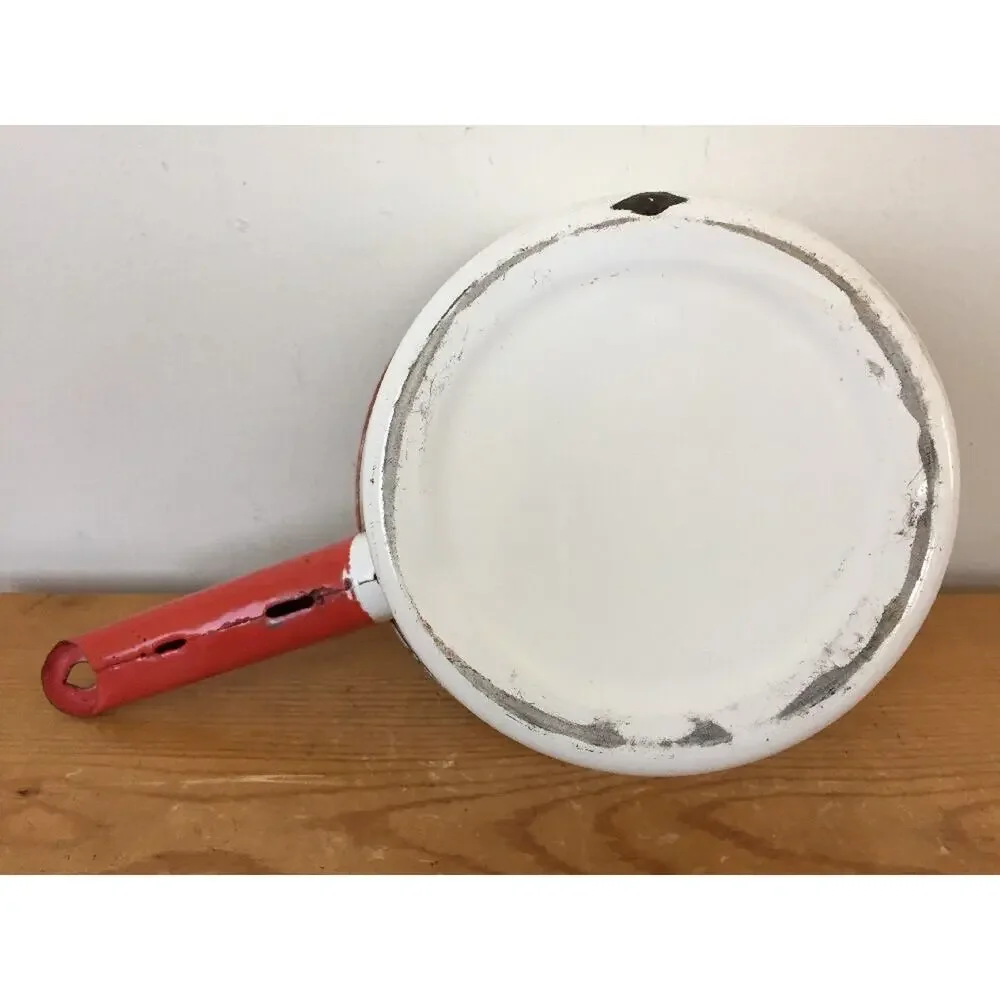 Vintage Antique White Red Metal Enamelware Primitive Small Sauce Pot Pan 7